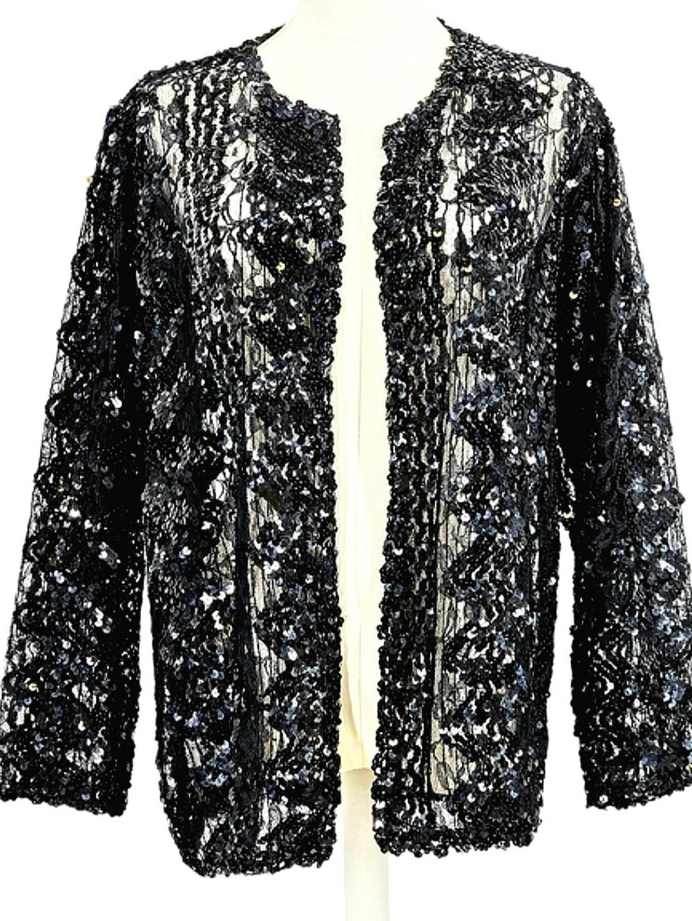 Sakowitz Sequin Jacket Women’s XL Black Open Front Vintage Elegant